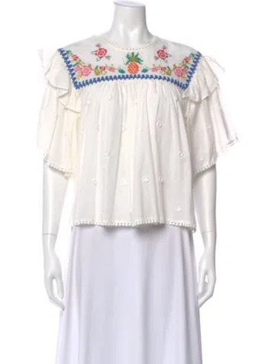 Pre-owned Farm Rio Floral Print Crew Neck Blouse In White