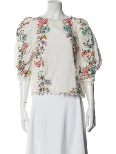 Pre-owned Farm Rio Floral Print Crew Neck Blouse In White