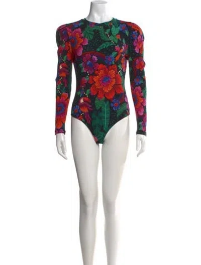 Pre-owned Farm Rio Floral Print Crew Neck Bodysuit In Black