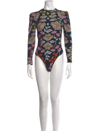 Pre-owned Farm Rio Floral Print Crew Neck Bodysuit In Black