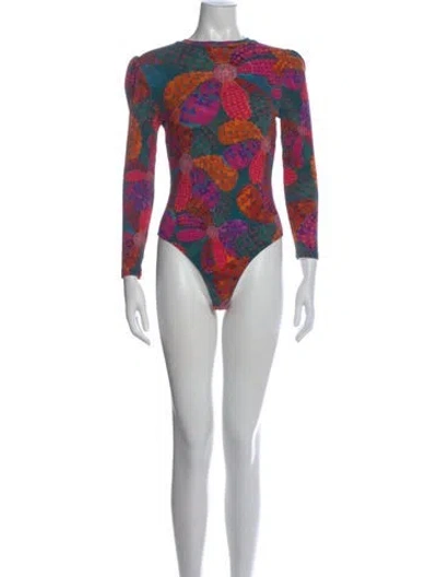 Pre-owned Farm Rio Floral Print Crew Neck Bodysuit In Blue