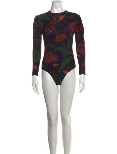 Pre-owned Farm Rio Floral Print Crew Neck Bodysuit In Blue