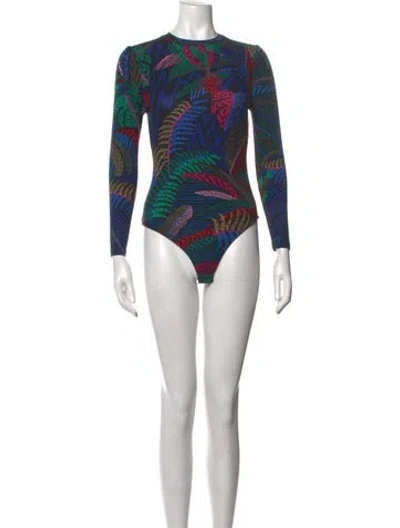 Pre-owned Farm Rio Floral Print Crew Neck Bodysuit In Blue