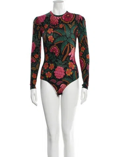 Pre-owned Farm Rio Floral Print Crew Neck Bodysuit In Green