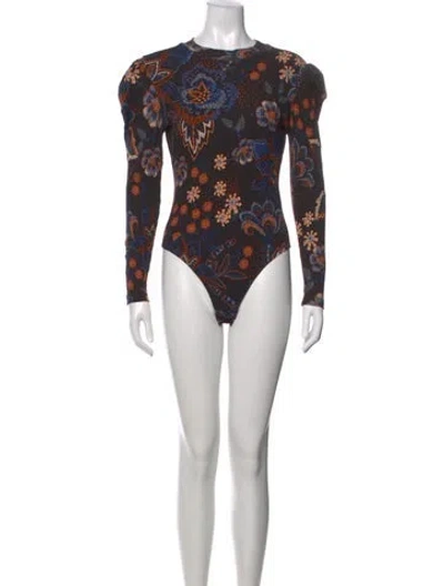 Pre-owned Farm Rio Floral Print Crew Neck Bodysuit W/ Tags In Black