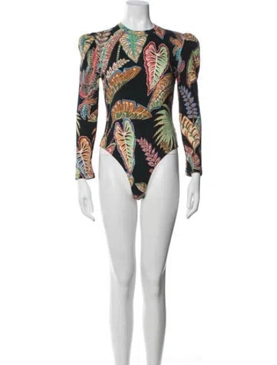 Pre-owned Farm Rio Floral Print Crew Neck Bodysuit In White