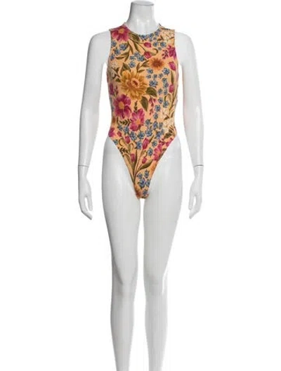 Pre-owned Farm Rio Floral Print Crew Neck Bodysuit In Yellow