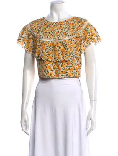 Pre-owned Farm Rio Floral Print Crew Neck Crop Top In Orange