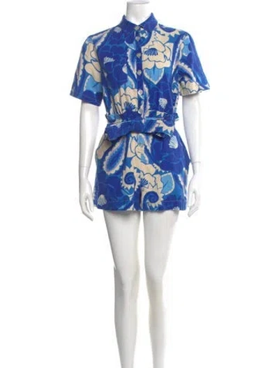 Pre-owned Farm Rio Floral Print Crew Neck Romper In Blue