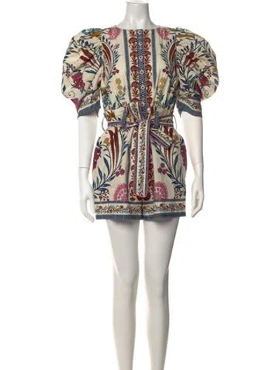 Pre-owned Farm Rio Floral Print Crew Neck Romper In Neutrals