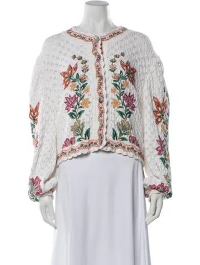 Pre-owned Farm Rio Floral Print Crew Neck Sweater In White