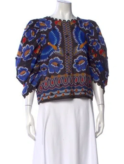 Pre-owned Farm Rio Floral Print Crew Neck Top In Blue
