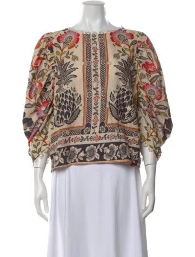 Pre-owned Farm Rio Floral Print Crew Neck Top In Neutral