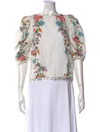 Pre-owned Farm Rio Floral Print Crew Neck Top In White