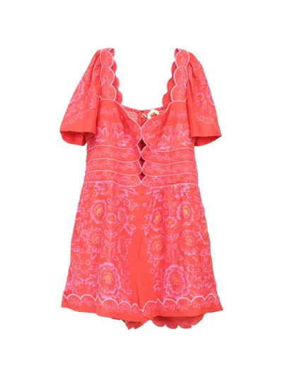 Pre-owned Farm Rio Floral-print Cut-out Playsuit In Red
