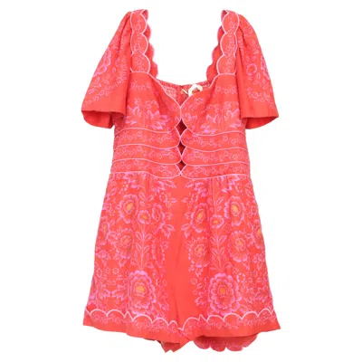 Farm Rio Floral-print Cut-out Romper In Red Linen In Pink