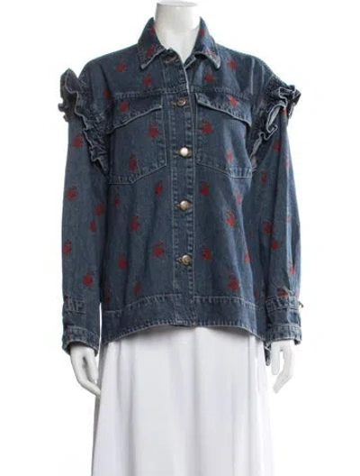 Pre-owned Farm Rio Floral Print Denim Jacket In Blue