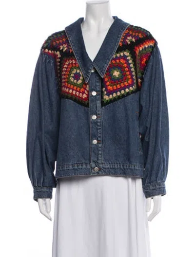 Pre-owned Farm Rio Floral Print Denim Jacket In Blue