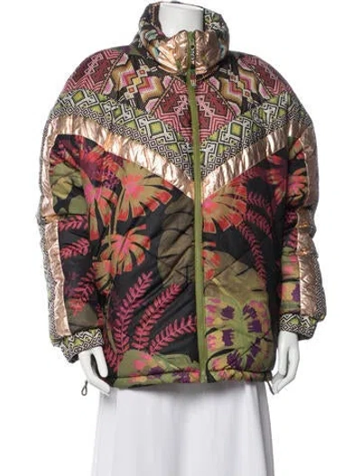 Pre-owned Farm Rio Floral Print Down Jacket In Green