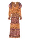 Farm Rio Colorful Birds Camel Smocking Long Sleeve Maxi Dress In Multi