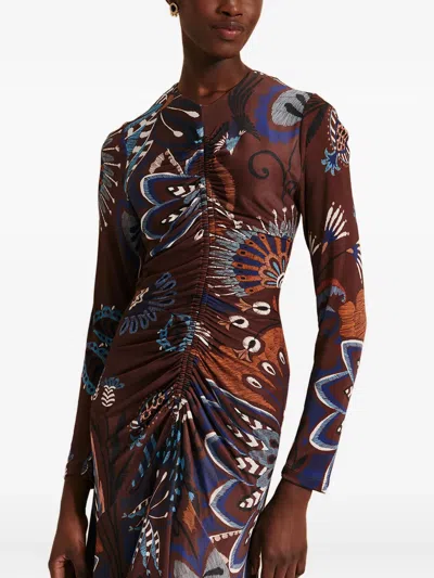 Farm Rio Floral-print Gathered Midi Dress In Brown