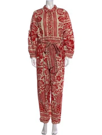 Pre-owned Farm Rio Floral Print Jumpsuit In Neutrals/red