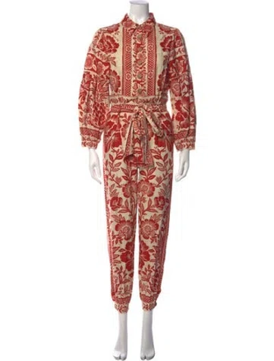 Pre-owned Farm Rio Floral Print Jumpsuit In Neutrals/red