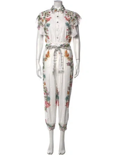 Pre-owned Farm Rio Floral Print Jumpsuit In White