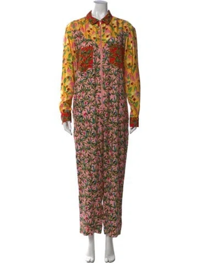 Pre-owned Farm Rio Floral Print Jumpsuit In Yellow