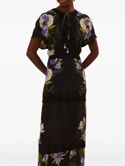 Farm Rio Floral-print Lace-trimmed Midi Dress In Black