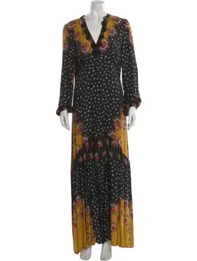 Pre-owned Farm Rio Floral Print Long Dress In Black