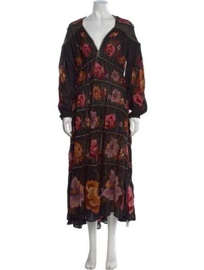Pre-owned Farm Rio Floral Print Long Dress In Black