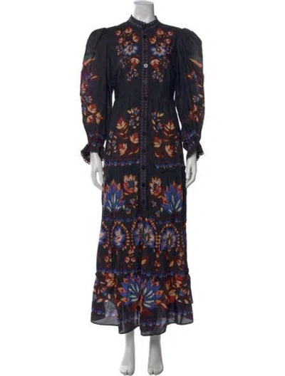 Pre-owned Farm Rio Floral Print Long Dress In Black