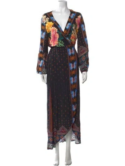 Pre-owned Farm Rio Floral Print Long Dress In Black
