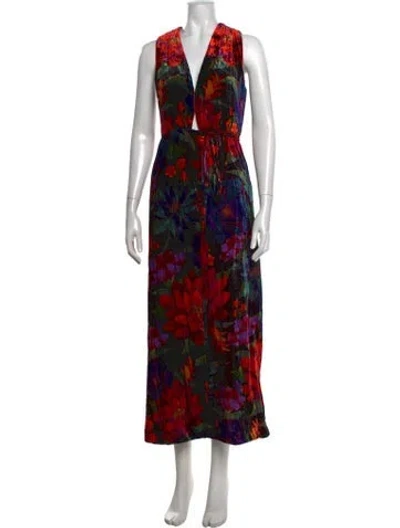 Pre-owned Farm Rio Floral Print Long Dress In Black