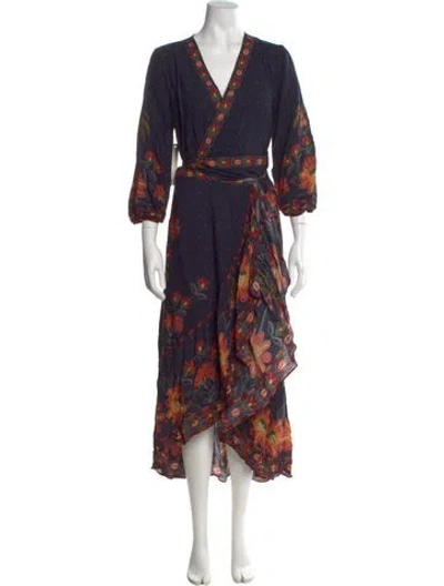 Pre-owned Farm Rio Floral Print Long Dress In Blue