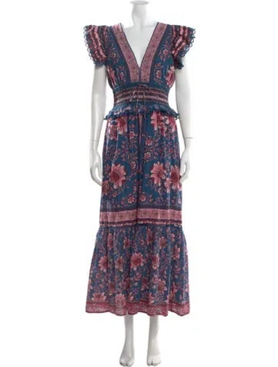 Pre-owned Farm Rio Floral Print Long Dress In Blue