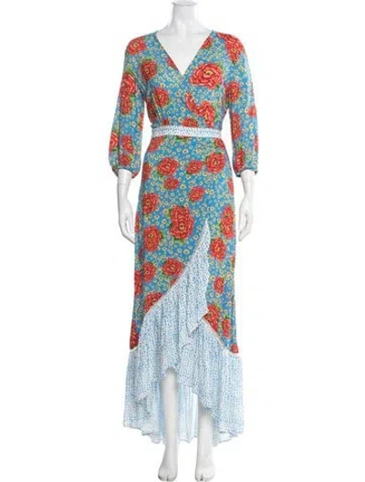 Pre-owned Farm Rio Floral Print Long Dress In Blue