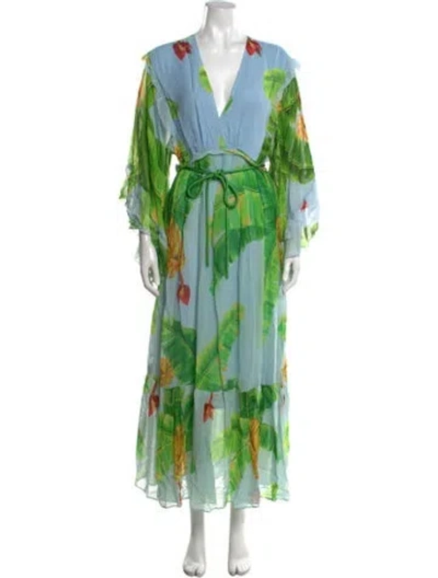 Pre-owned Farm Rio Floral Print Long Dress In Blue