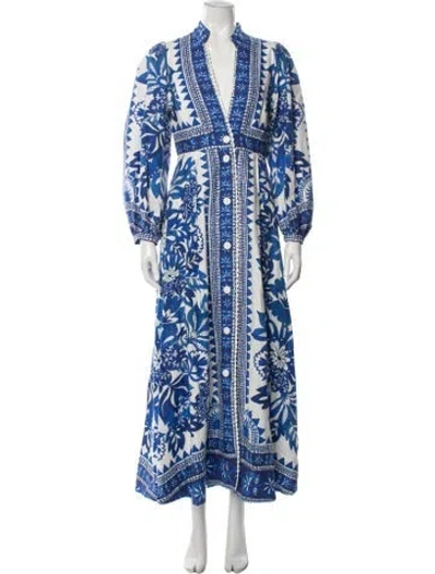 Pre-owned Farm Rio Floral Print Long Dress In Blue
