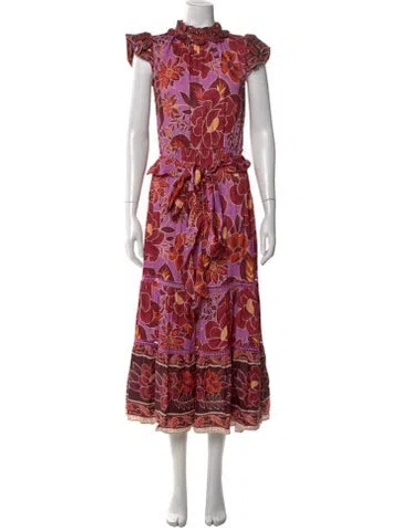 Pre-owned Farm Rio Floral Print Long Dress In Burgundy