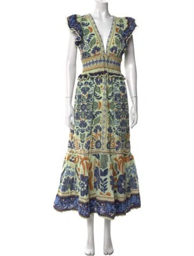 Pre-owned Farm Rio Floral Print Long Dress In Green