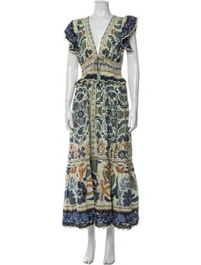 Pre-owned Farm Rio Floral Print Long Dress In Green