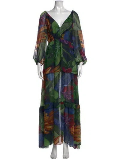 Pre-owned Farm Rio Floral Print Long Dress In Green