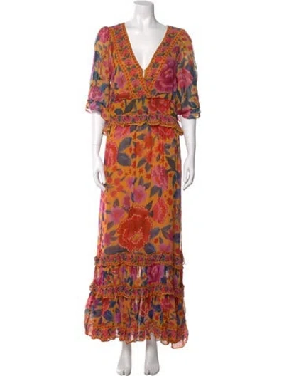 Pre-owned Farm Rio Floral Print Long Dress In Orange
