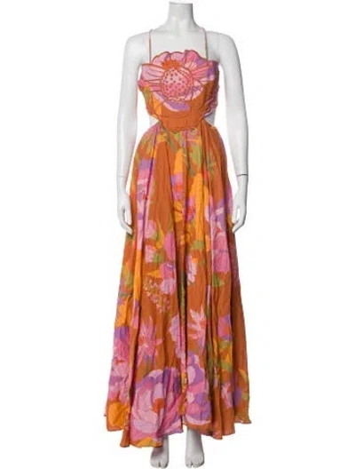 Pre-owned Farm Rio Floral Print Long Dress In Orange