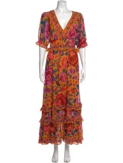 Pre-owned Farm Rio Floral Print Long Dress In Orange