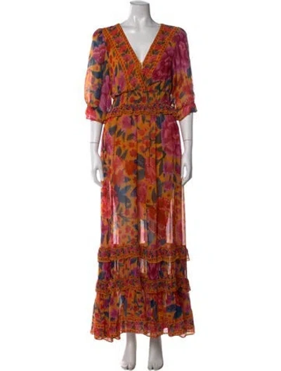 Pre-owned Farm Rio Floral Print Long Dress In Orange