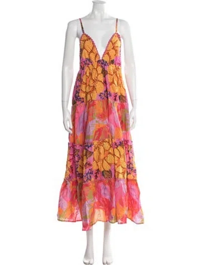 Pre-owned Farm Rio Floral Print Long Dress In Pink