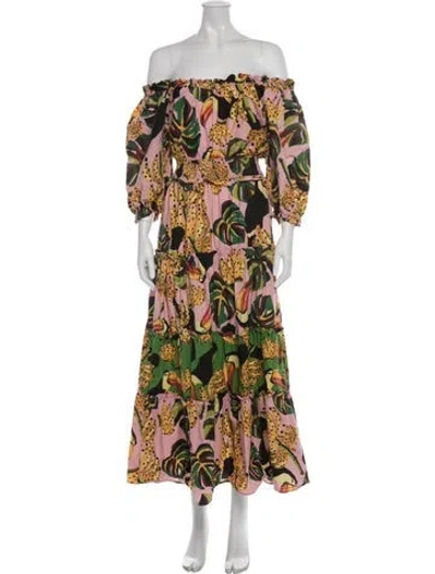 Pre-owned Farm Rio Floral Print Long Dress In Pink